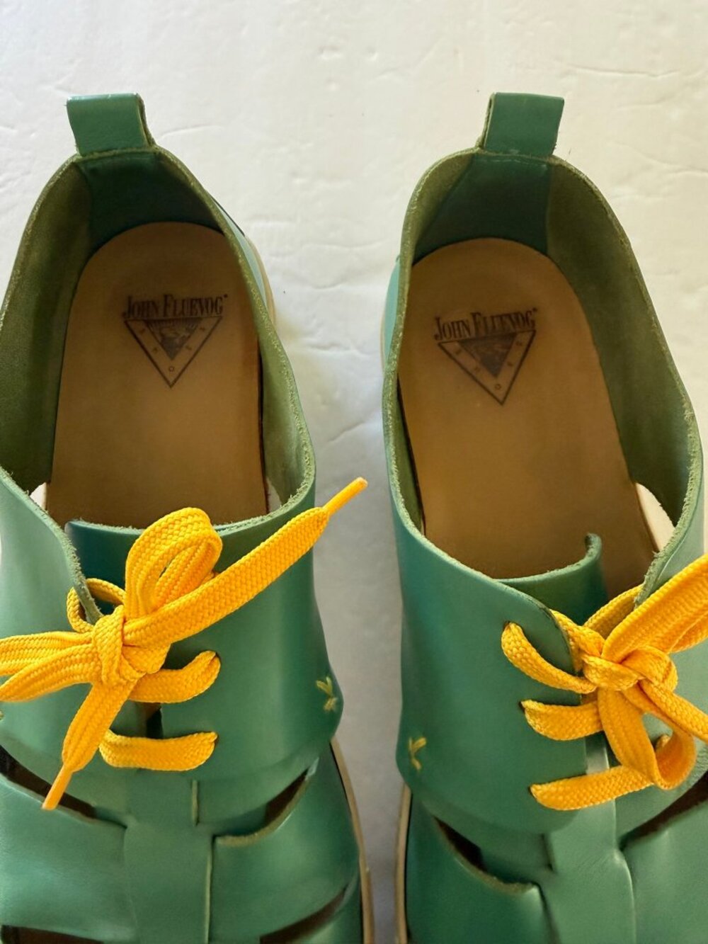 John Fluevog Teal Leather Fisherman Shoes Yellow Laces EU 45